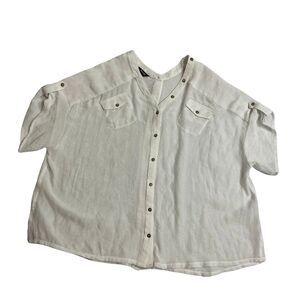 Womens Sheer Button Down Blouse Small Casual Relaxed Fit Short Sleeves White